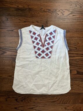 J. Crew White Linen Embroidered Sleeveless Top with Blue Red And Silver Accents